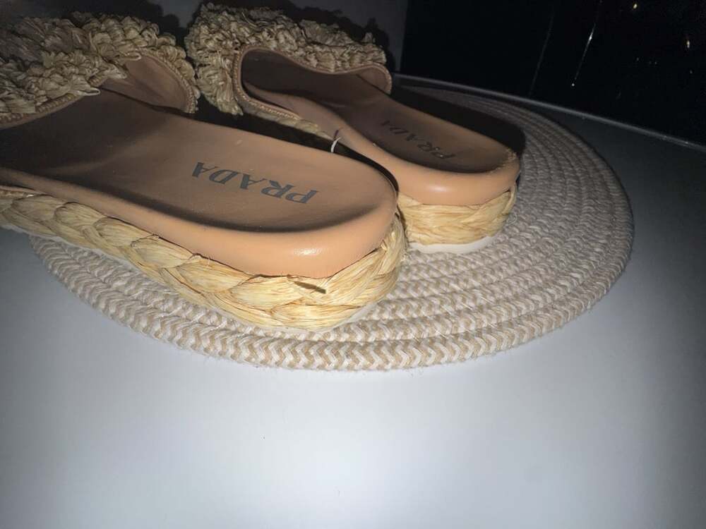 Prada Natural Raffia Floral Puff Espadrille Slide Sandals - Picture 10 of 11